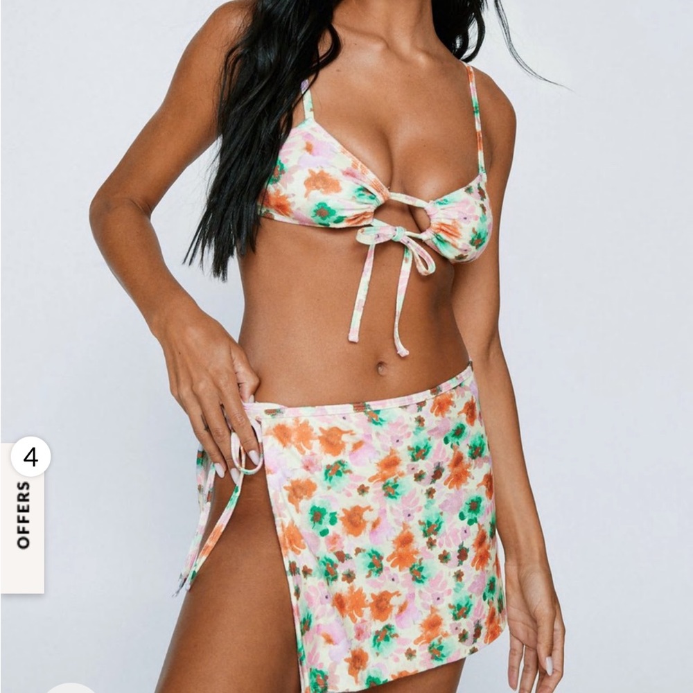 Towelling Blurred Floral Tie Bikini And Sarong 3pc Set